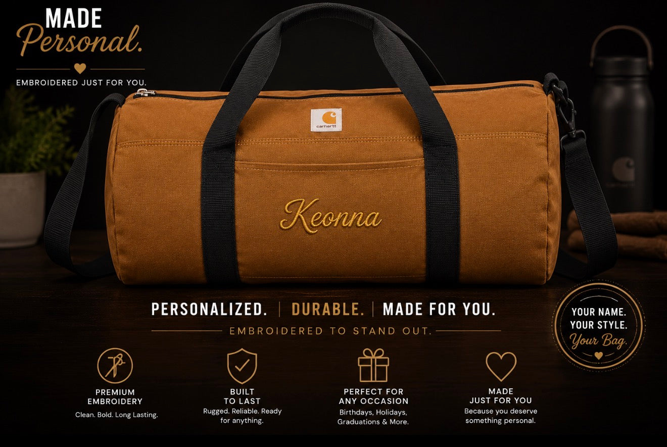 Embroidered duffel bag.