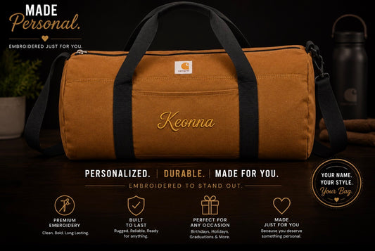 Embroidered duffel bag.