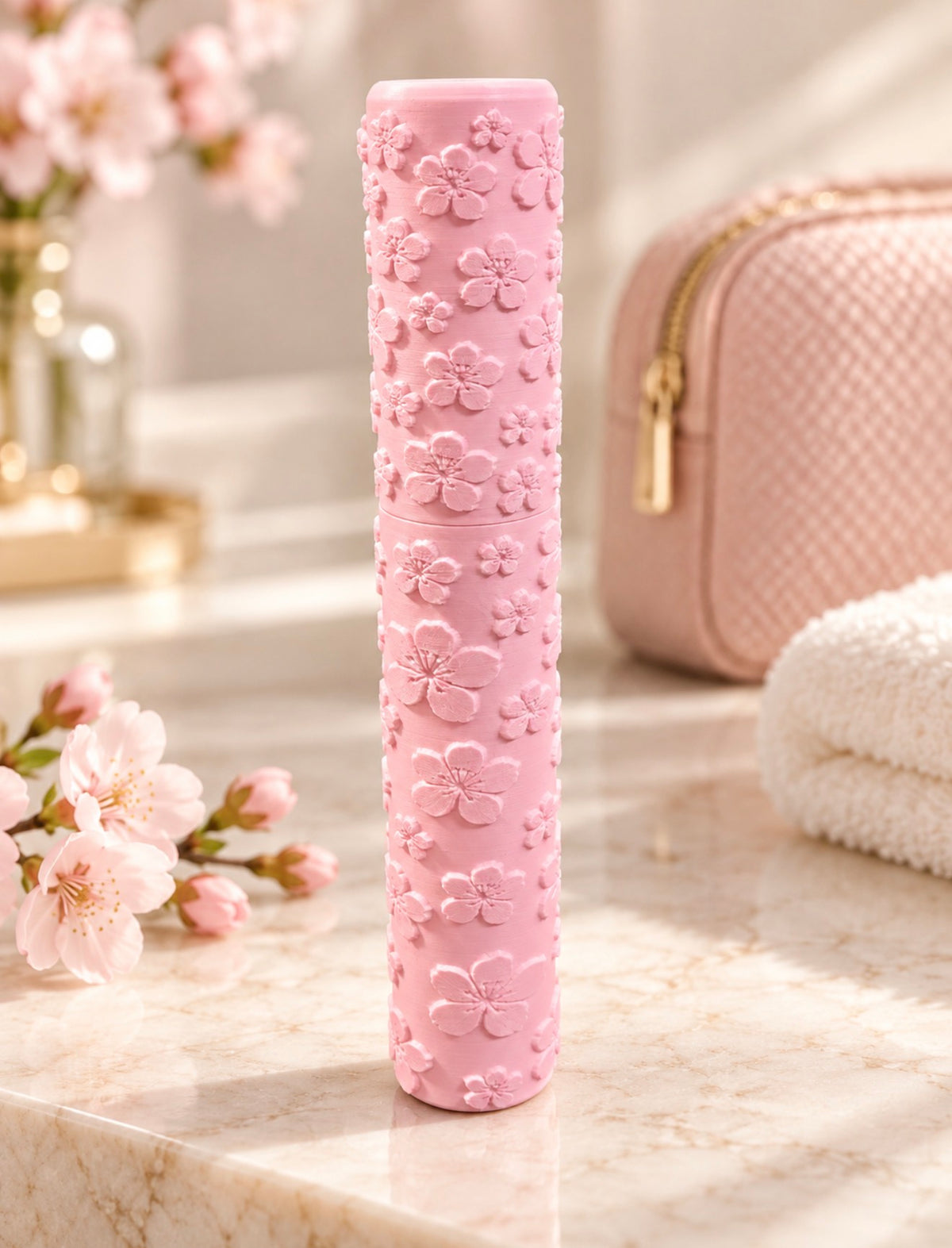 Matte pink floral travel toothbrush case.
